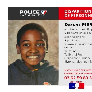 [RETROUVÉ - Avis de recherche terminé] : Daruns PIERRE, âgé de 11 ans, a quitté son domicile à Villeneuve-d'Ascq