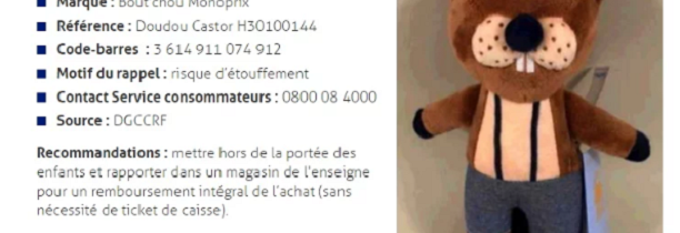 RAPPEL PRODUIT MONOPRIX : Risques d’étouffement pour le doudou Castor de la marque "Bout’chou"