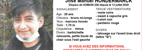 Avis de recherche : José Manuel HONDERMARCK, 28 ans, 1m70 disparu à Somain