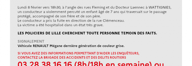 Un enfant de 7 ans a été violemment percuté par une Renault Mégane grise à Wattignies