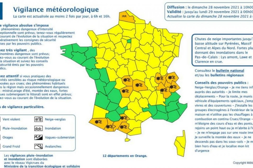 11 départements en vigilance orange pour risque de neige-verglas et dans en vigilance crue dans le nord