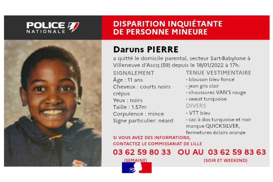 [RETROUVÉ - Avis de recherche terminé] : Daruns PIERRE, âgé de 11 ans, a quitté son domicile à Villeneuve-d'Ascq