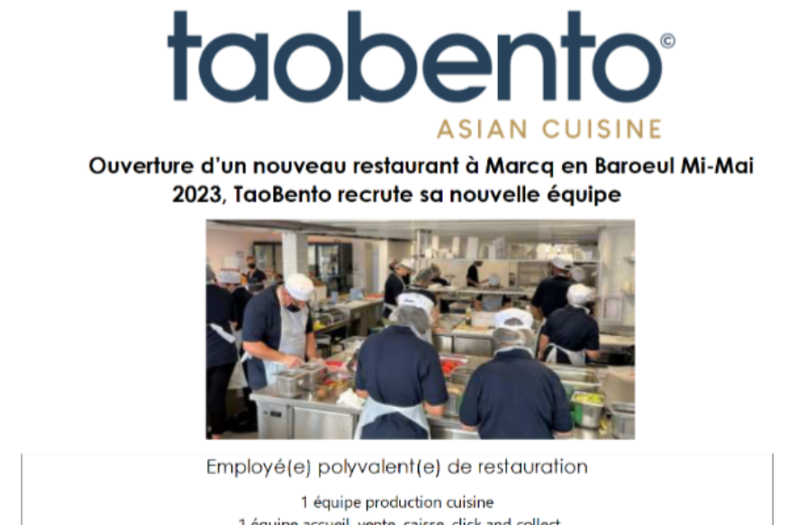 TAOBENTO recrute pour son nouveau restaurant à Marcq en Baroeul